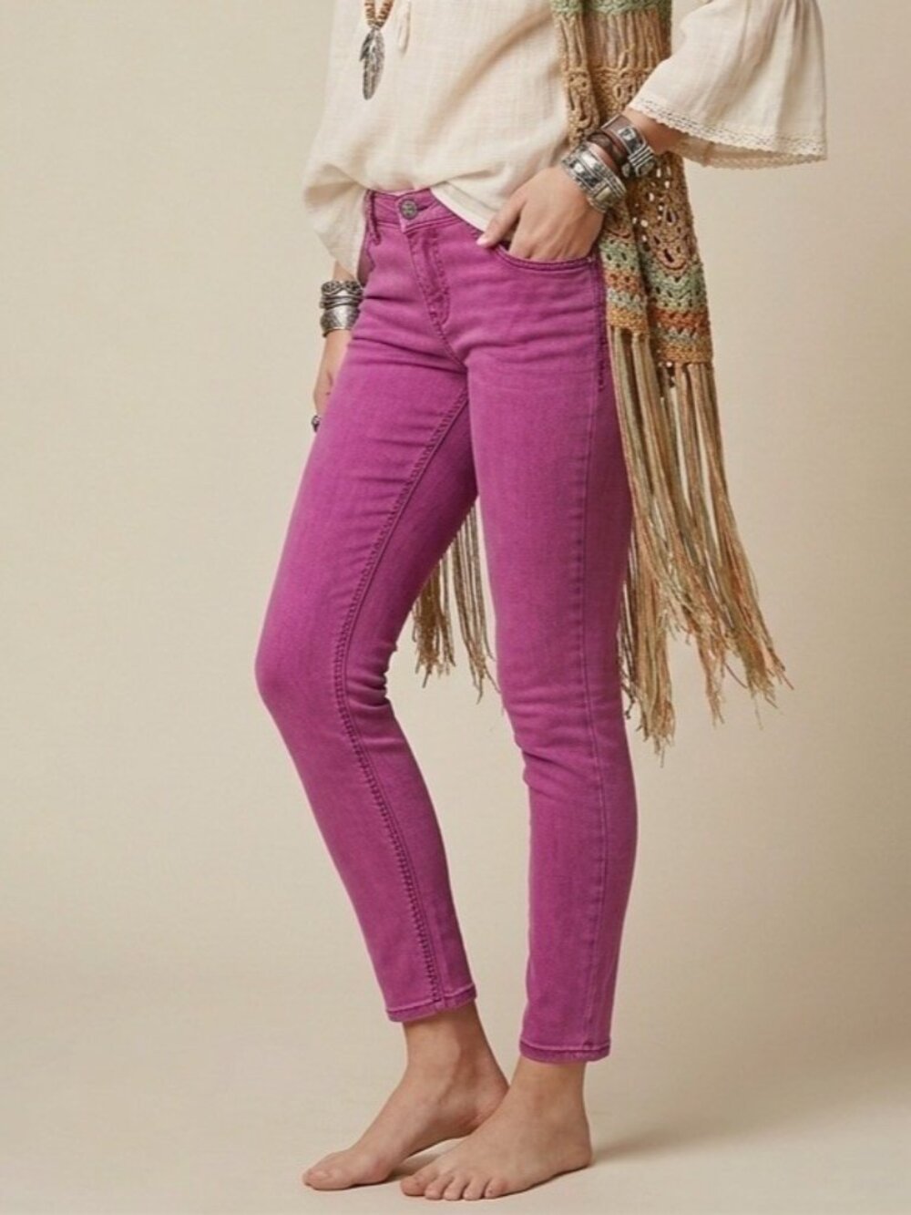 NEW Free People Purple Pink Skinny Jeans Sz 27 Boho Festival Low Rise Stitching